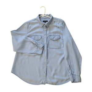 Rebel Button Up Shirt Woman XL Blue Chambray Embroidered Starts Long Sleeves